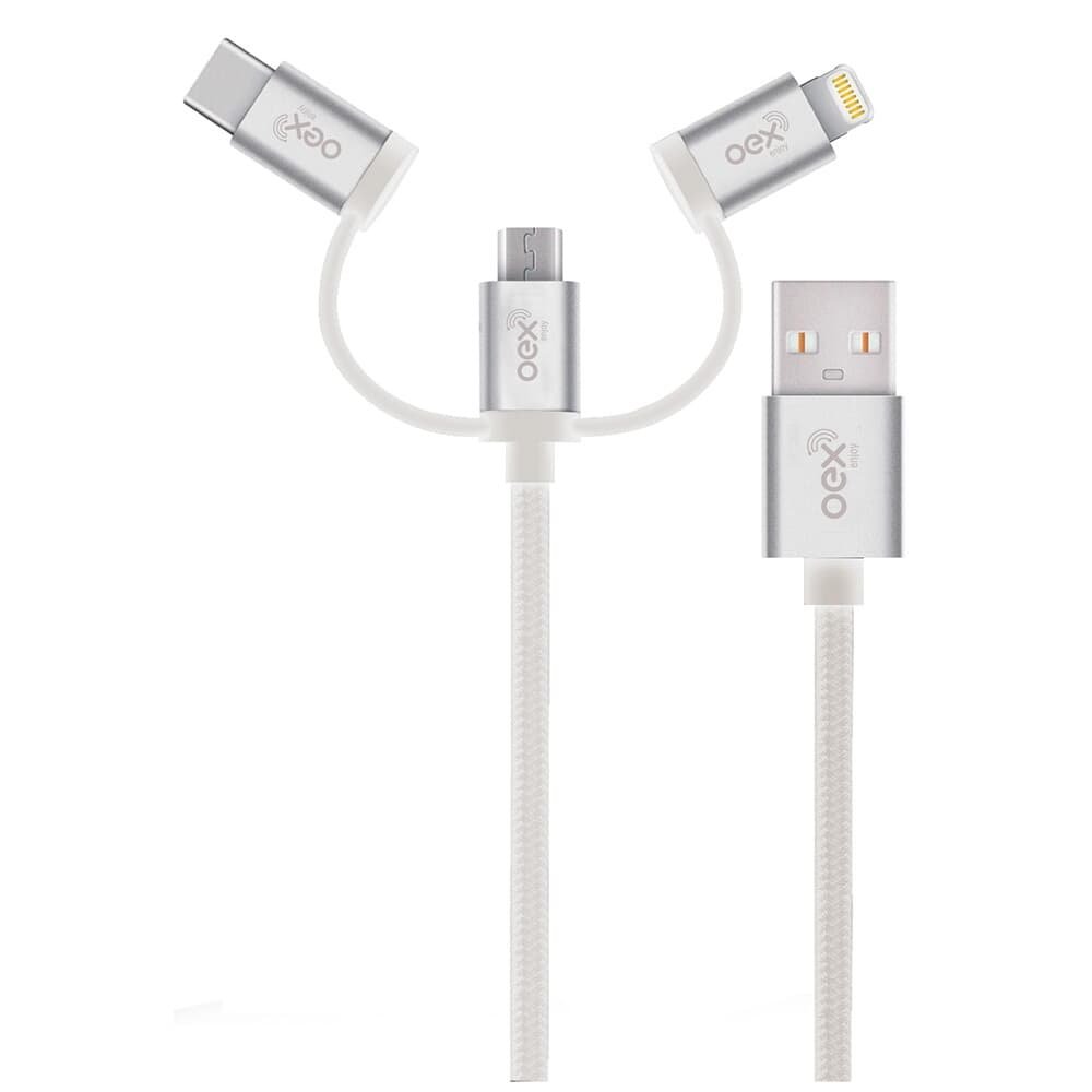Cabo Trio OEX CE301, USB Com Conectores Micro USB, Type-C E Lightning em Nylon Trançado, 1 Metro, Cinza - 500074
