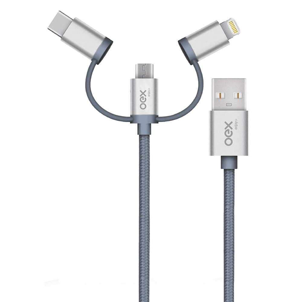 Cabo Trio OEX CE301, USB Com Conectores Micro USB, Type-C E Lightning em Nylon Trançado, 1 Metro, Cinza - 487379