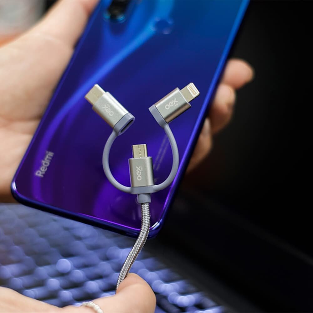 Imagem 5 de 8 do produto Cabo Trio OEX CE301, USB Com Conectores Micro USB, Type-C E Lightning em Nylon Trançado, 1 Metro, Cinza - 487379