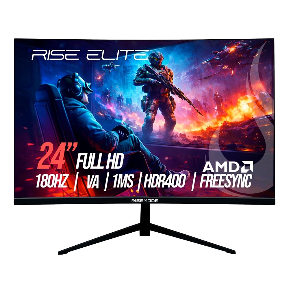"Monitor Gamer Curvo Rise Mode Prime 24"", Full HD, 180Hz, 1ms, IPS, FreeSync, HDR 400, HDMI e VGA, Preto - RM-MOG-24C180FH-B"