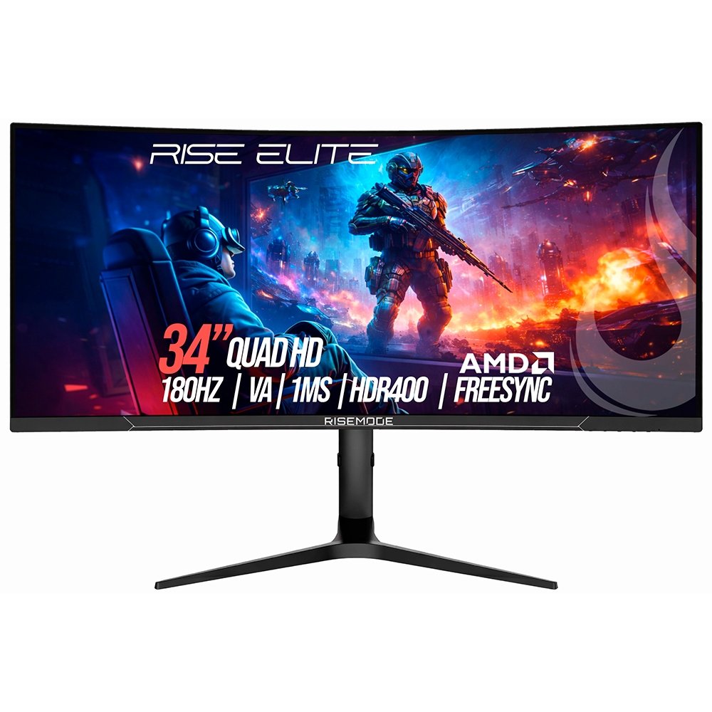 Monitor Gamer Curvo Rise Mode Prime 34, QHD, 180Hz, 1ms, IPS, FreeSync, HDR 400, HDMI e DisplayPort, Preto - RM-MOG-34C1802K-B