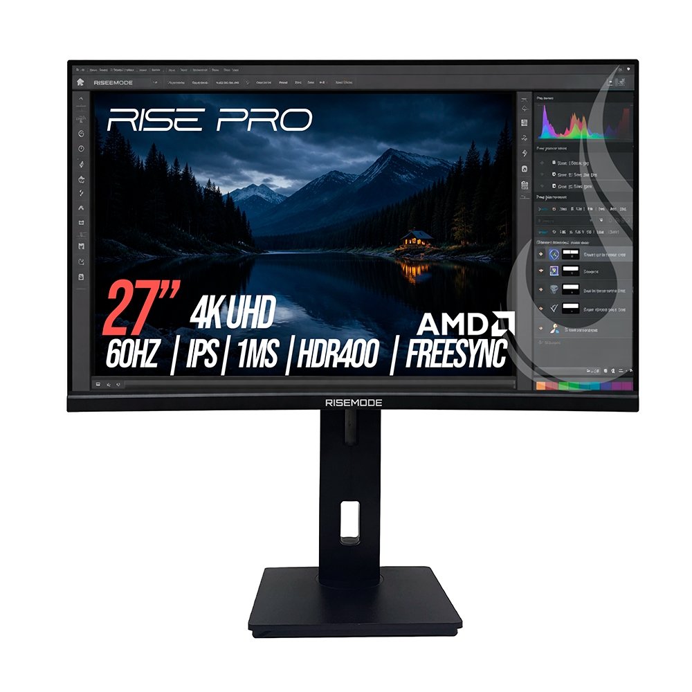 "Monitor Profissional Rise Mode PRO 27"", 4K, 1ms, IPS, FreeSync, HDR 400, HDMI e DisplayPort, Altura Ajustável, Preto - RM-MOGL-27F604K-B"