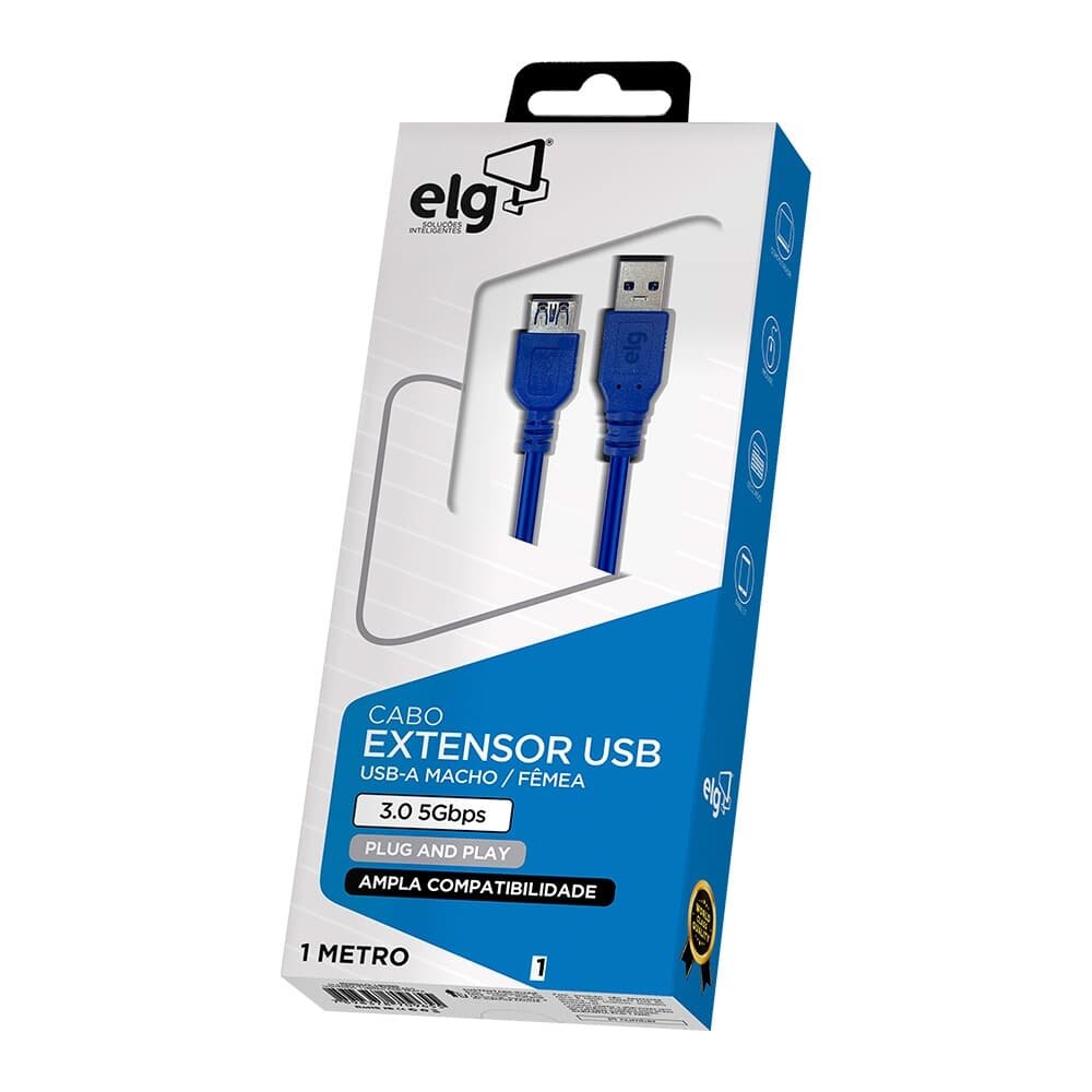 Imagem 3 de 4 do produto Cabo Extensor ELG USB-A Macho e Fêmea 3.0, 5Gbps, Azul - USBEXT1