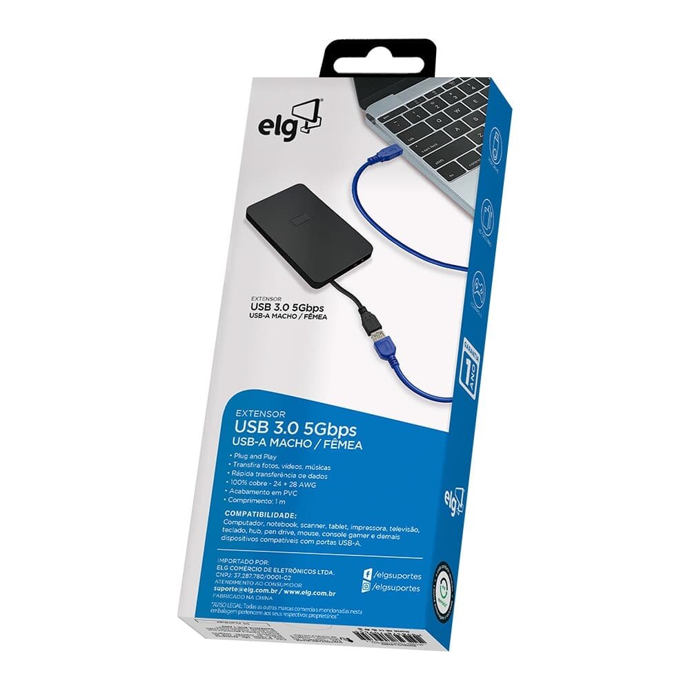 Imagem 4 de 4 do produto Cabo Extensor ELG USB-A Macho e Fêmea 3.0, 5Gbps, Azul - USBEXT1