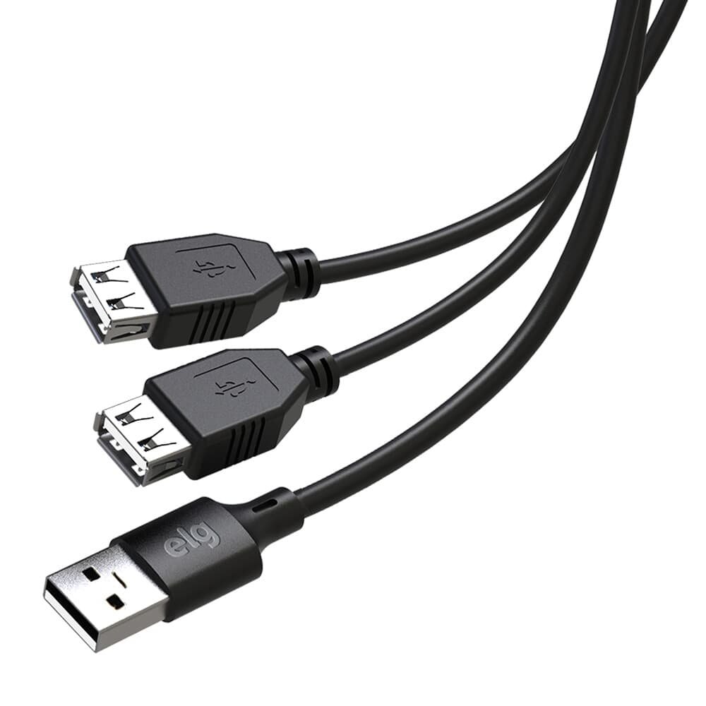 Cabo Extensor ELG USB 2.0 e com 1 Porta Macho e 2 Fêmeas, 1.5m, Preto - USBY2
