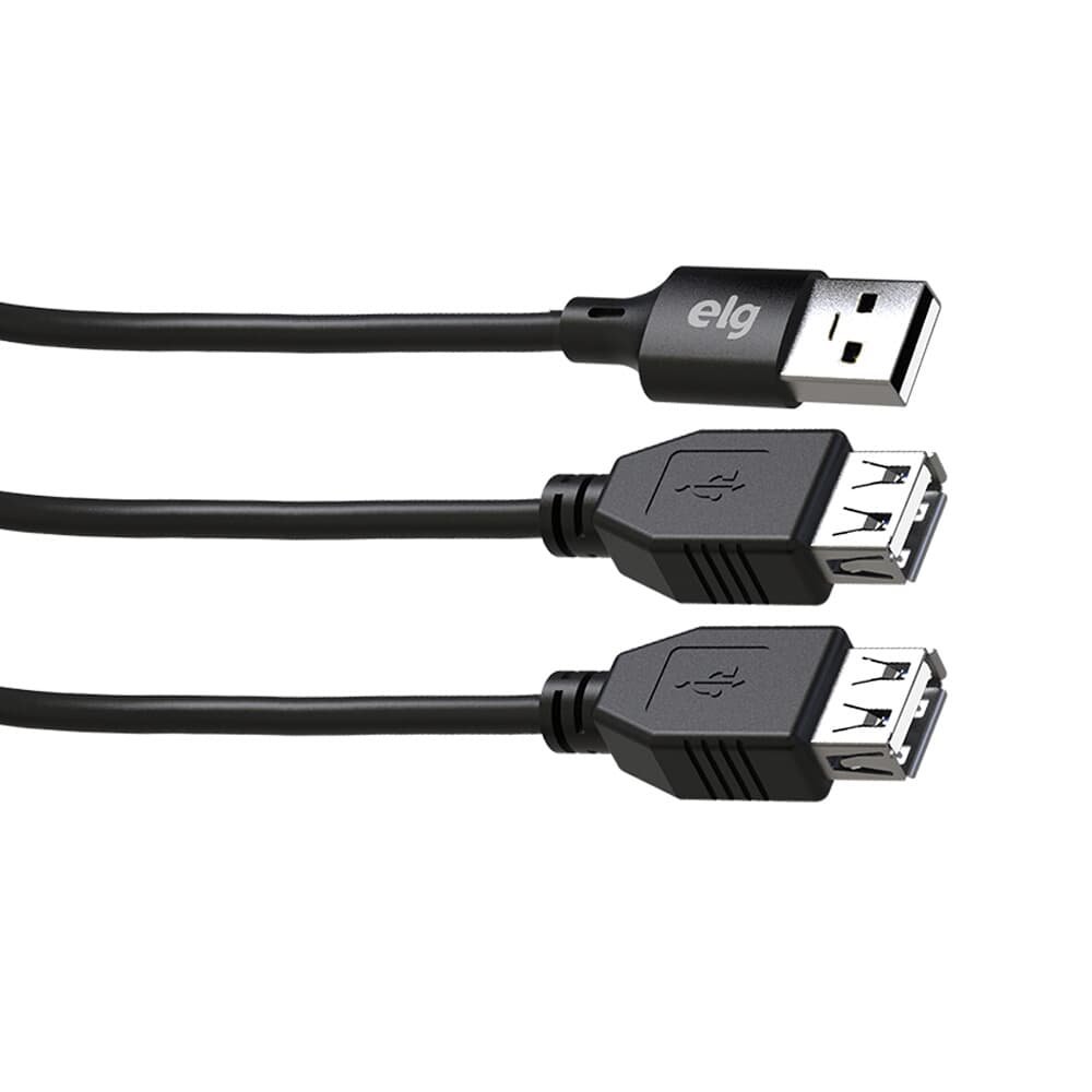 Imagem 2 de 3 do produto Cabo Extensor ELG USB 2.0 e com 1 Porta Macho e 2 Fêmeas, 1.5m, Preto - USBY2