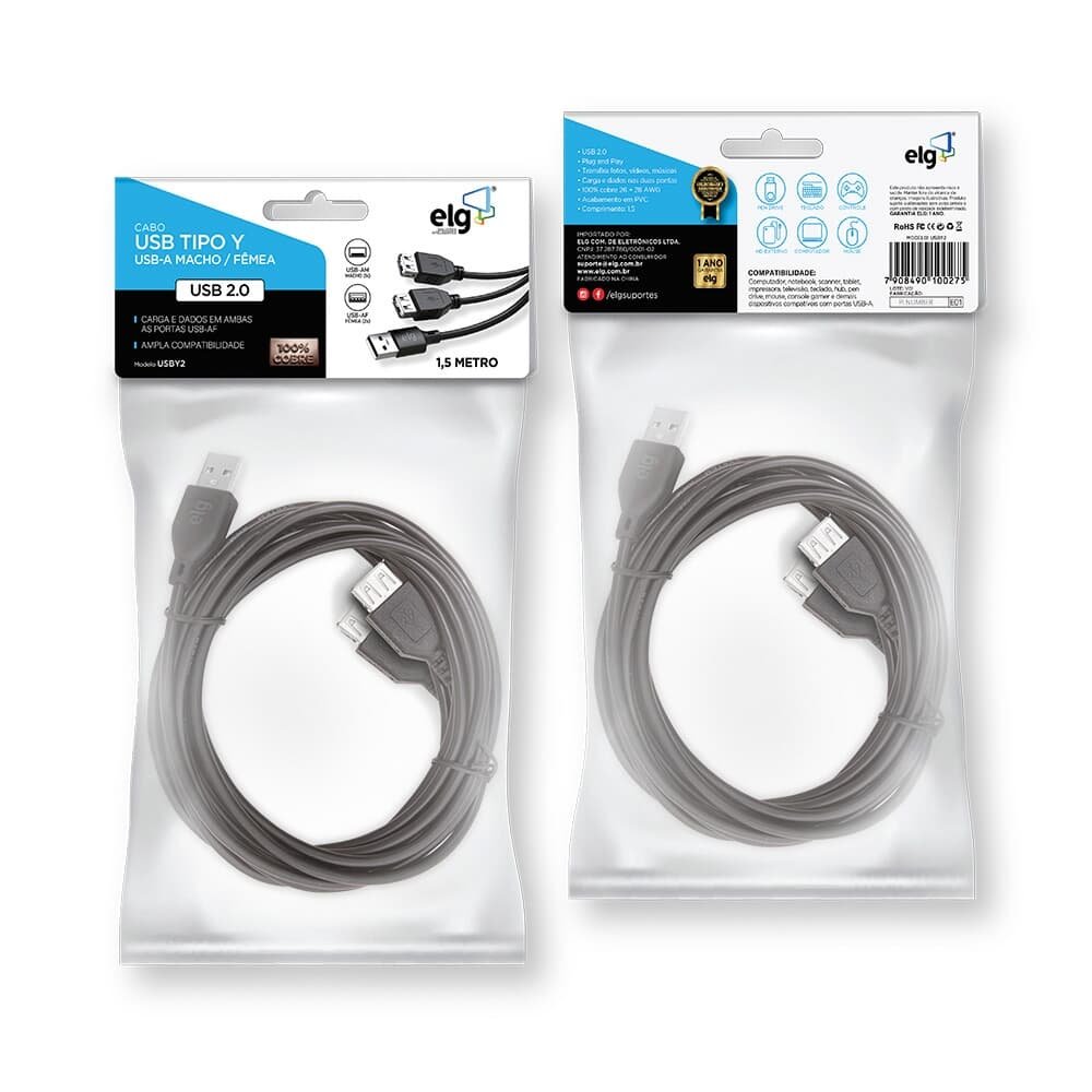 Imagem 3 de 3 do produto Cabo Extensor ELG USB 2.0 e com 1 Porta Macho e 2 Fêmeas, 1.5m, Preto - USBY2