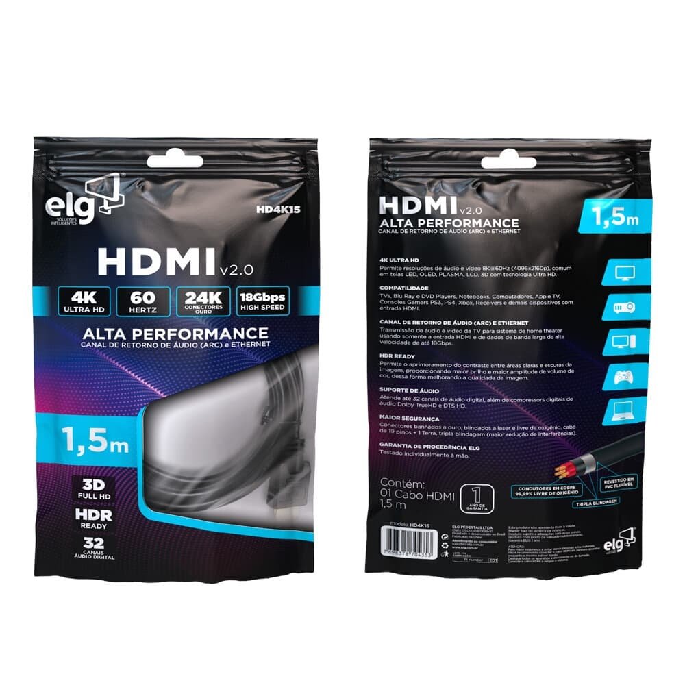 Imagem 4 de 4 do produto Cabo HDMI 2.0 4K Ultra HD ELG, 1.5 Metros, 3D Ready, Preto - HD4K15