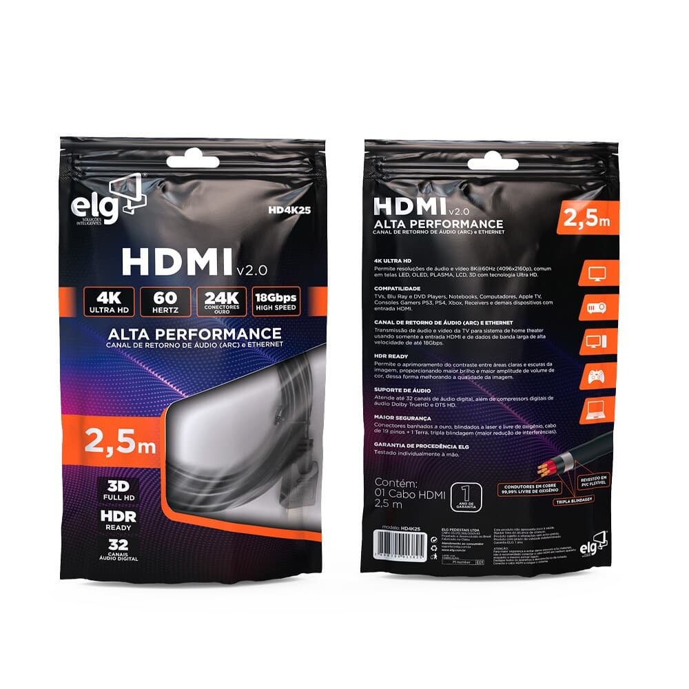 Imagem 4 de 4 do produto Cabo HDMI 2.0 4K Ultra HD ELG, 2.5 Metros, 3D Ready, Preto - HD4K25