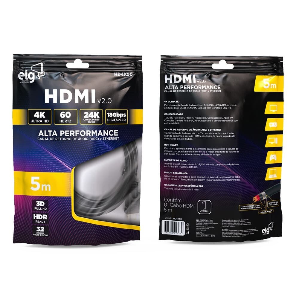 Imagem 4 de 4 do produto Cabo HDMI 2.0 4K Ultra HD ELG, 5 Metros, 3D Ready, Preto - HD4K50