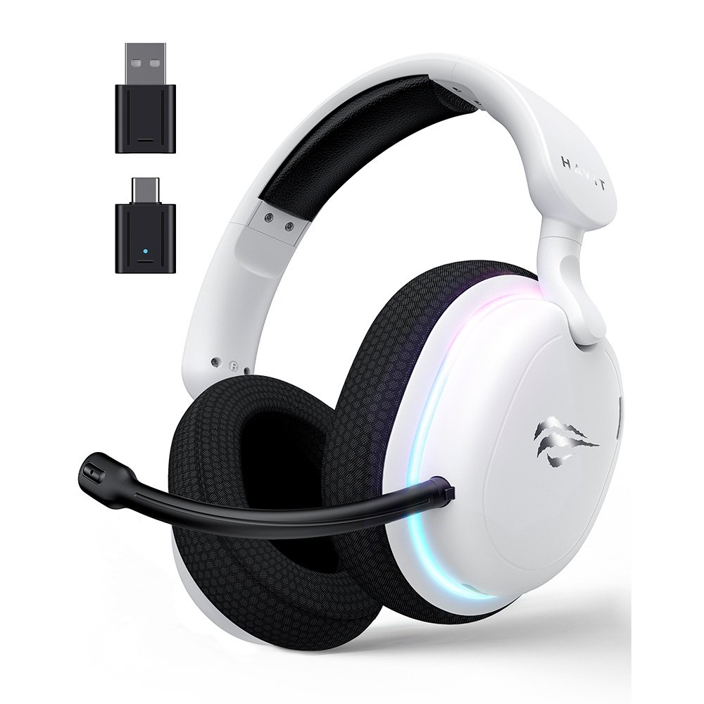 Headset Gamer Sem Fio Professional Fuxi-H7, RGB, Tri Mode, Bluetooth, Recarregável, USB-C, Branco - Fuxi-H7 White Headset Gamer Sem Fio Professional Fuxi-H7, RGB, Tri Mode, Bluetooth, Recarregável, USB-C, Branco - Fuxi-H7 White