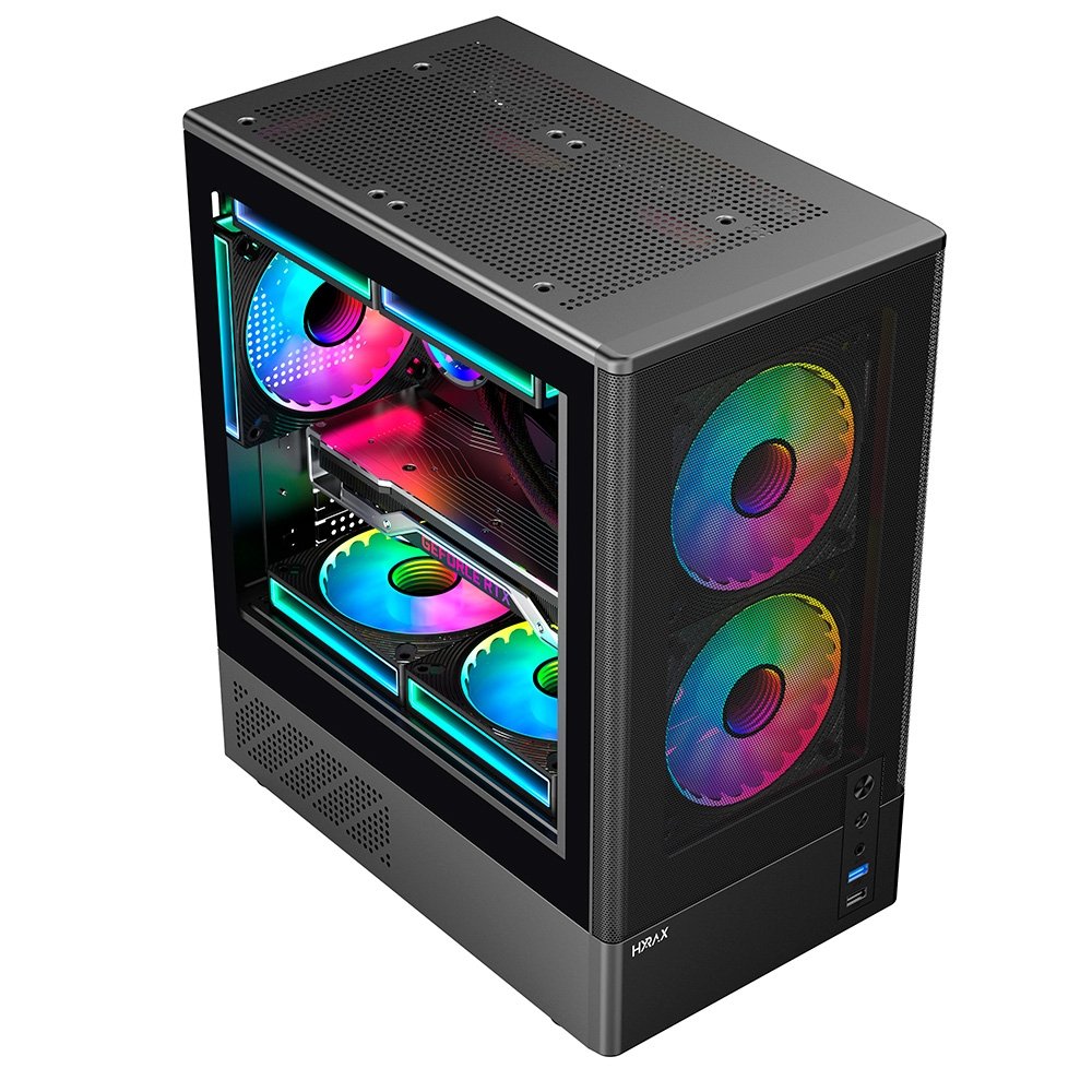 Imagem 4 de 9 do produto Gabinete Gamer Hyrax Tower HGB205, Mini Tower, M-atx, Lateral Em Vidro Temperado, Frontal Em Malha De Aço, Preto - HGB205B
