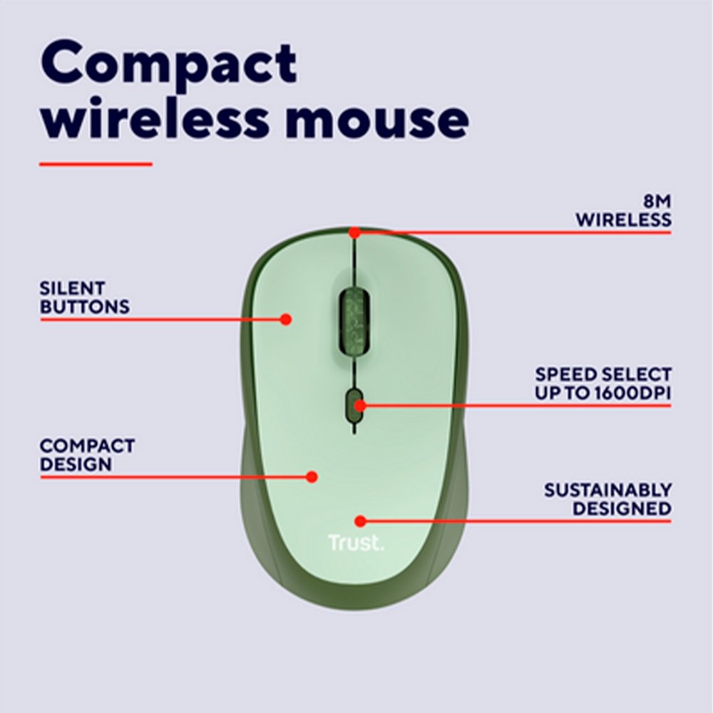 Mouse Sem Fio Trust Yvi+, Silencioso, 1600 DPI, Recetor USB, Verde - 24552 - view 7