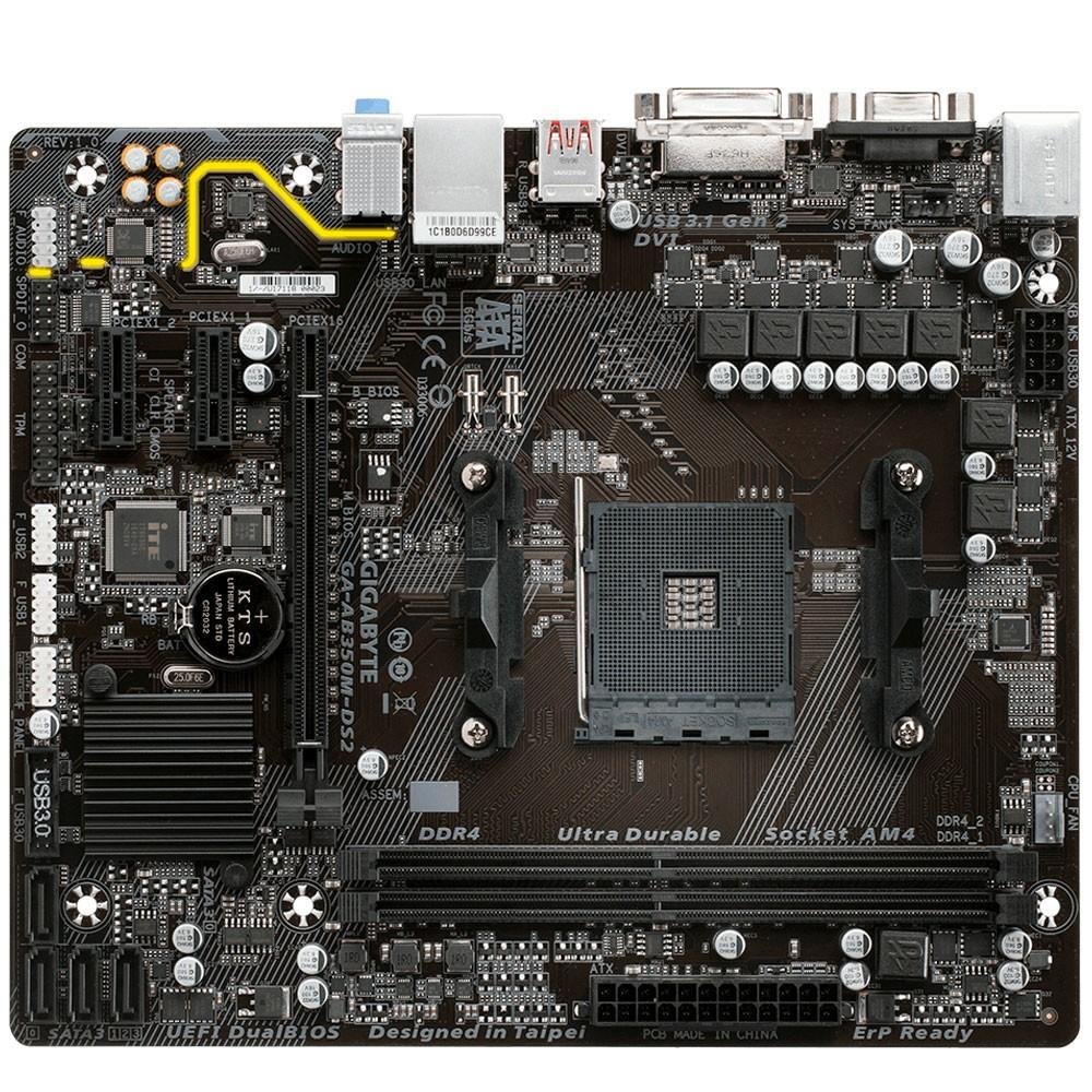 Placa-Mãe Gigabyte GA-AB350M-DS2, AMD AM4, mATX, DDR4 Placa-Mãe Gigabyte GA-AB350M-DS2, AMD AM4, mATX, DDR4
