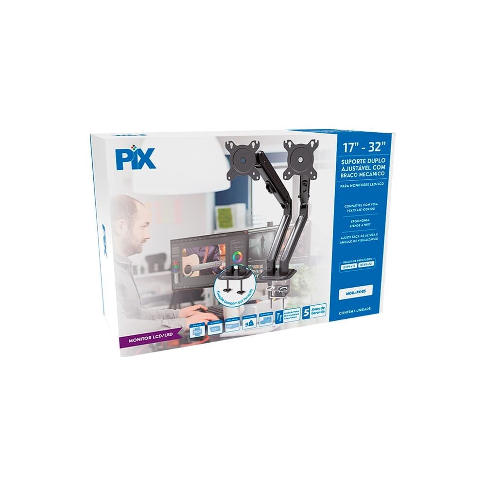 Suporte para 2 Monitores 17 a 32 PIX, Braço Mecânico, Ajustável, Morsa, Preto - PX-25 - view 3