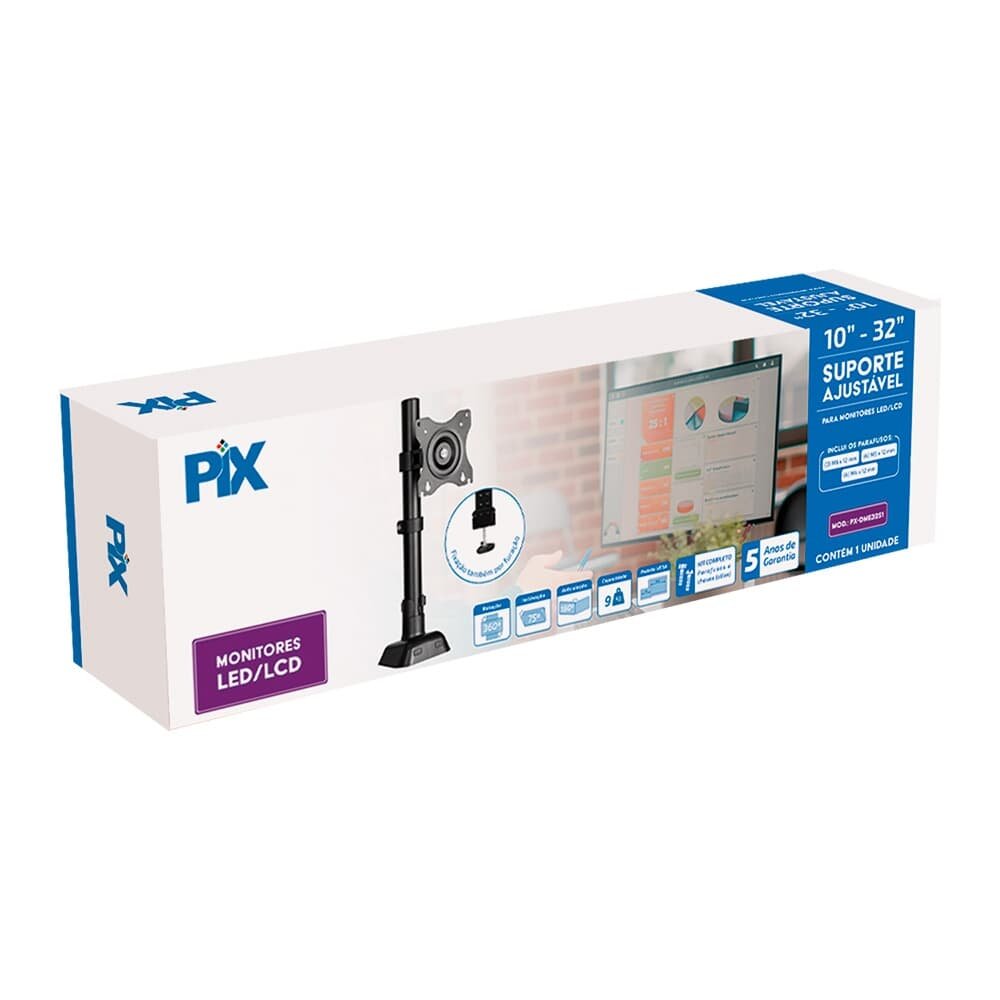 Imagem 3 de 3 do produto Suporte para Monitor 10" a 32" PIX, Ajustável, Morsa, Preto - PX-DME32s1