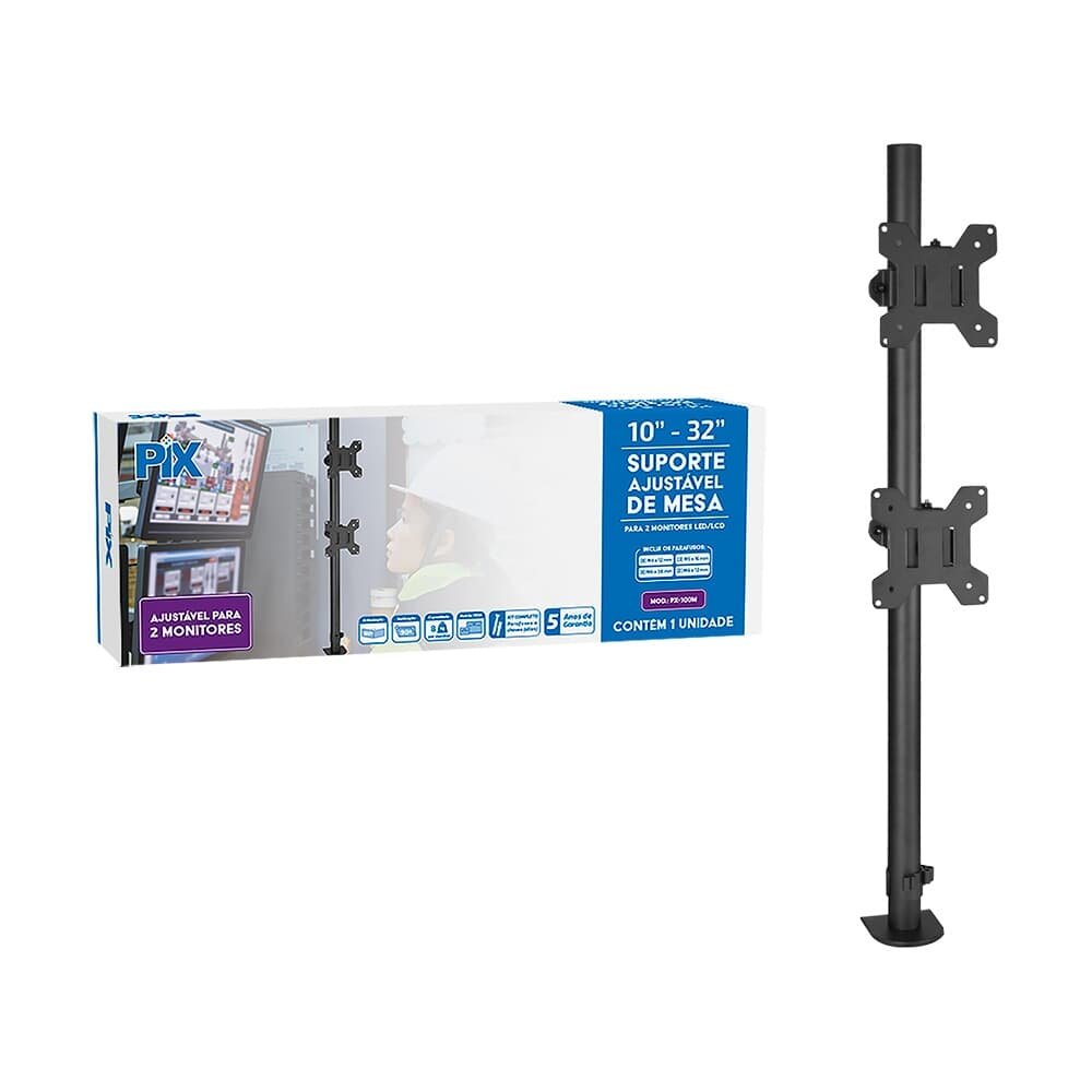 Imagem 2 de 3 do produto Suporte para 2 Monitores 10" a 32" PIX, Ajustável, Morsa, Preto - PX-100M