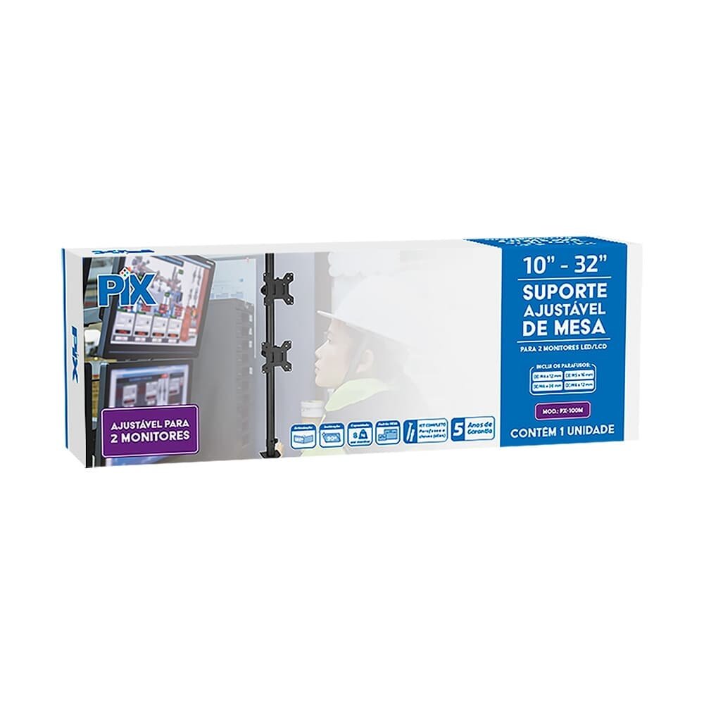 Imagem 3 de 3 do produto Suporte para 2 Monitores 10" a 32" PIX, Ajustável, Morsa, Preto - PX-100M