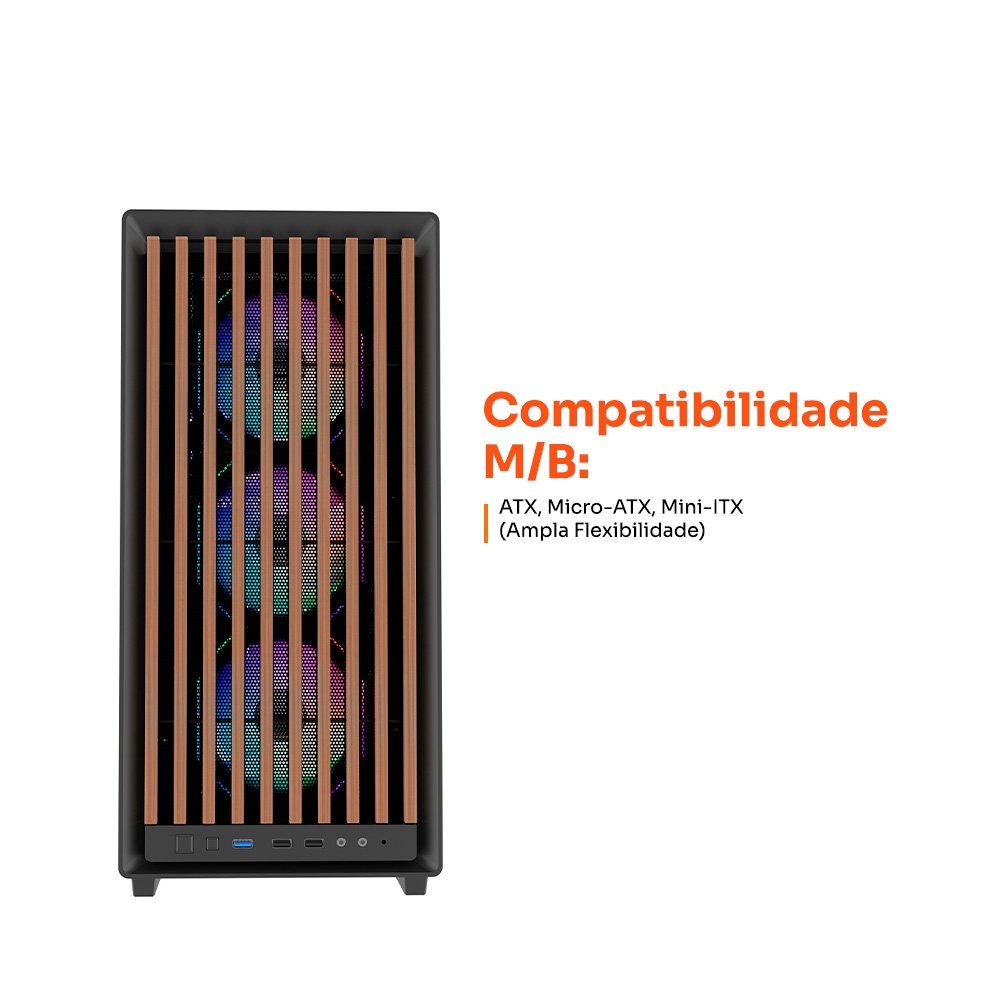 Gabinete Gamer Balão.info Dome 600, Mid Tower, ATX, Lateral em Vidro, Frontal em Madeira Ripada, Com 4 Fans ARGB, Preto - HGN600PT - view 3