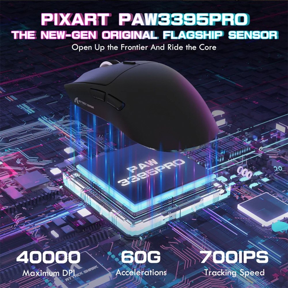 Imagem 3 de 5 do produto Mouse Gamer sem Fio Attack Shark X1 Ultraleve com Base de Carregamento Magnético RGB, Tri-Mode, 40.000 DPI, Sensor Óptico PAW3395 PRO, 6 Botões - Preto
