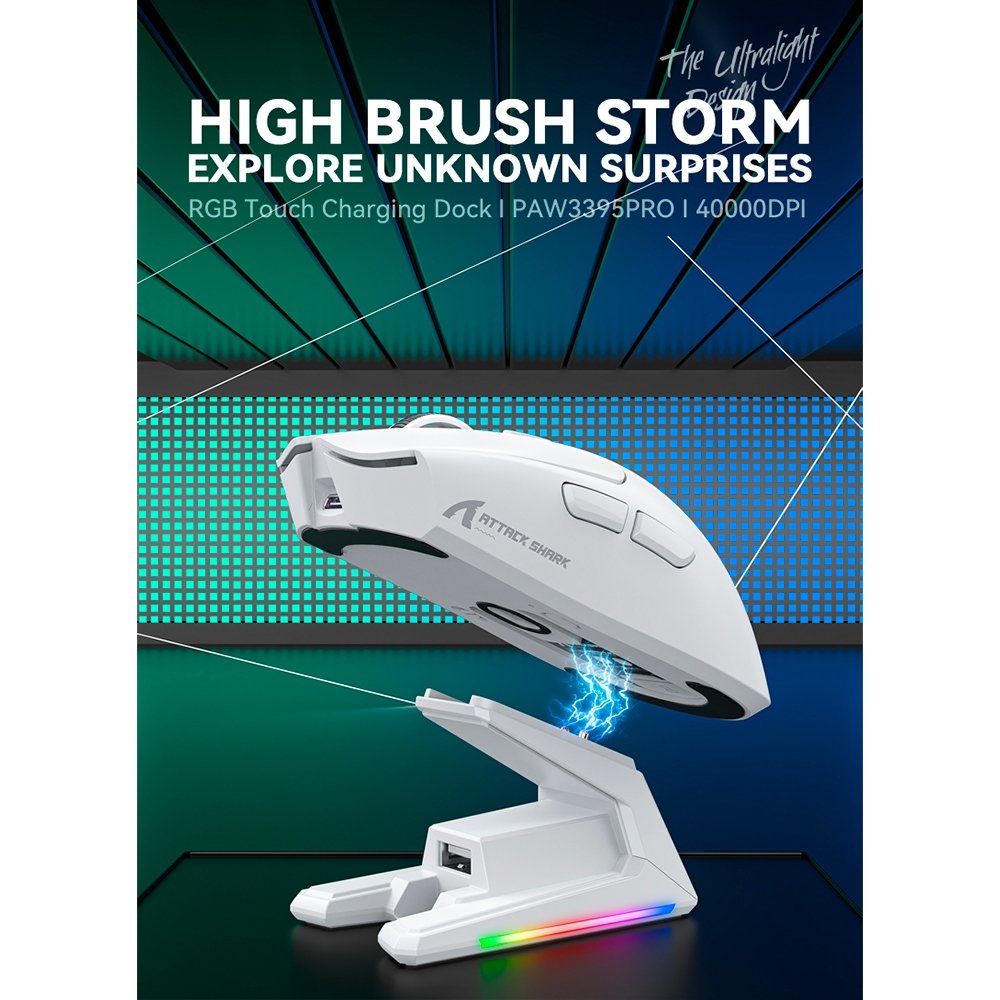 Mouse Gamer sem Fio Attack Shark X1, Ultraleve, com Base de Carregamento Magnético RGB, Tri-Mode, 40.000 DPI, Sensor Óptico PAW3395 PRO, 6 Botões - Branco - view 7