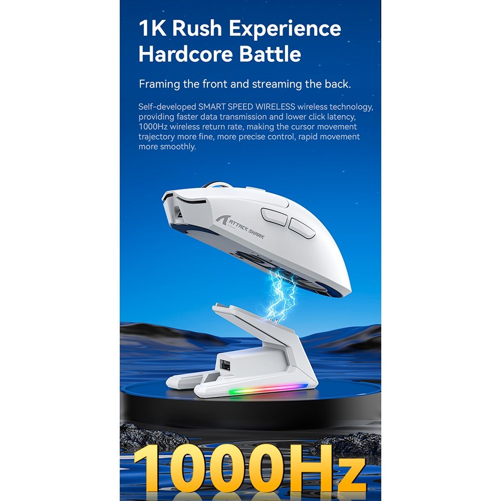 Mouse Gamer sem Fio Attack Shark X1, Ultraleve, com Base de Carregamento Magnético RGB, Tri-Mode, 40.000 DPI, Sensor Óptico PAW3395 PRO, 6 Botões - Branco - view 9