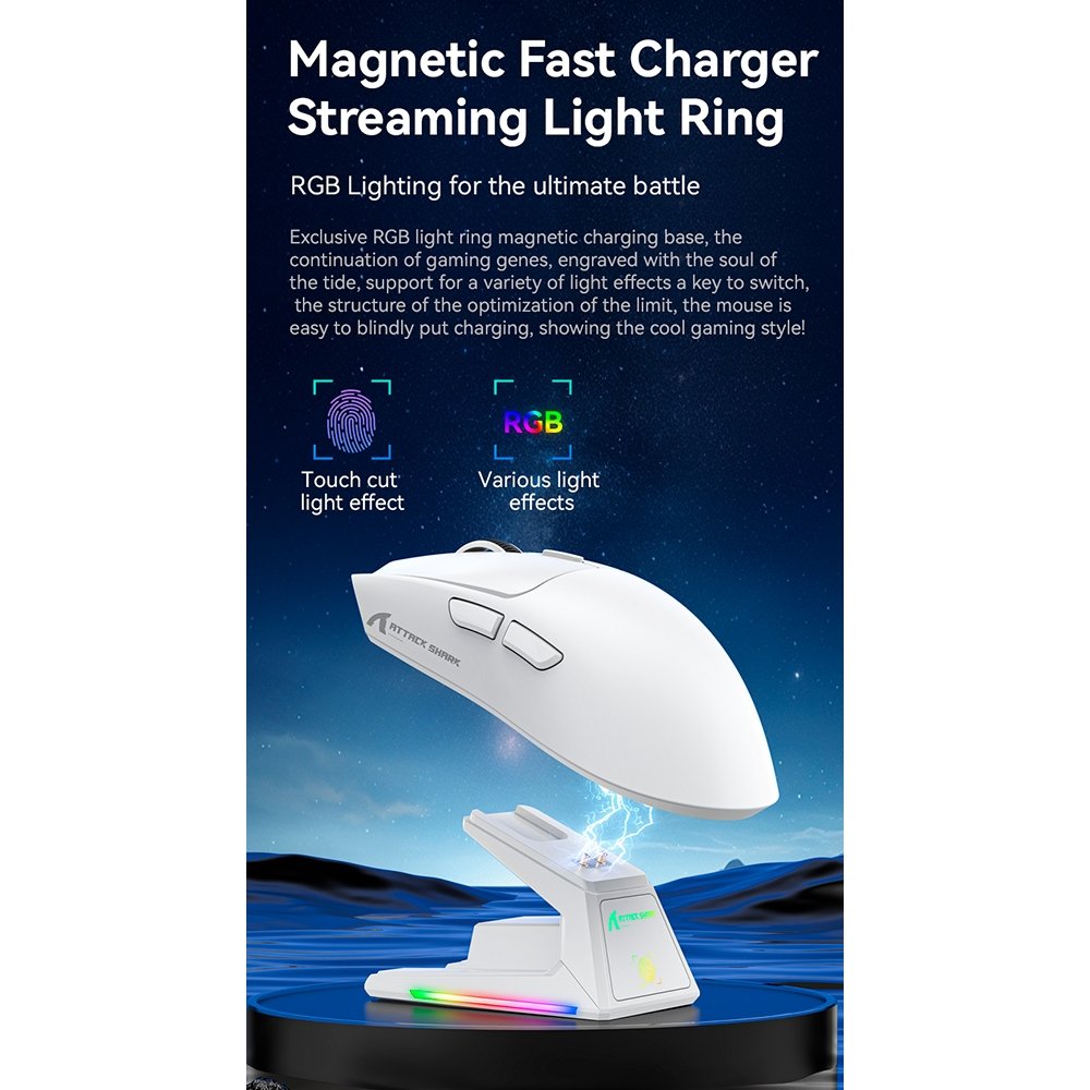 Mouse Gamer sem Fio Attack Shark X1, Ultraleve, com Base de Carregamento Magnético RGB, Tri-Mode, 40.000 DPI, Sensor Óptico PAW3395 PRO, 6 Botões - Branco - view 10