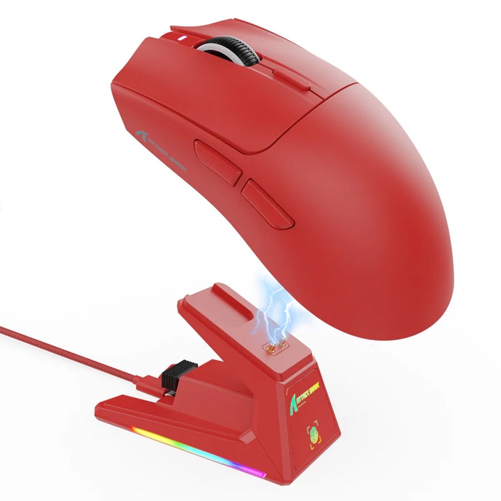 Mouse Gamer sem Fio Attack Shark X1, Ultraleve, com Base de Carregamento Magnético RGB, Tri-Mode, 40.000 DPI, Sensor Óptico PAW3395 PRO, 6 Botões - Vermelho