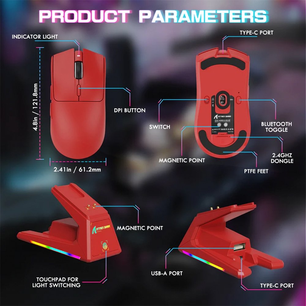 Mouse Gamer sem Fio Attack Shark X1, Ultraleve, com Base de Carregamento Magnético RGB, Tri-Mode, 40.000 DPI, Sensor Óptico ( Balão.info) PRO, 6 Botões - Vermelho - foto 2