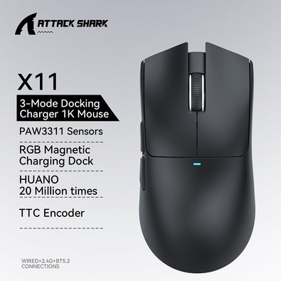 Mouse Gamer sem Fio Attack Shark X11 com Base de Carregamento Magnético RGB, Tri-Mode, 22.000 DPI, Sensor Óptico PAW3311, 5 Botões - Preto