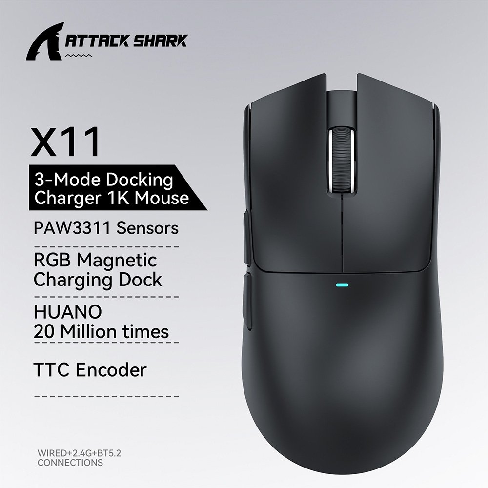 Mouse Gamer sem Fio Attack Shark X11 com Base de Carregamento Magnético RGB, Tri-Mode, 22.000 DPI, Sensor Óptico PAW3311, 5 Botões - Preto Mouse Gamer sem Fio Attack Shark X11 com Base de Carregamento Magnético RGB, Tri-Mode, 22.000 DPI, Sensor Óptico PAW3311, 5 Botões - Preto