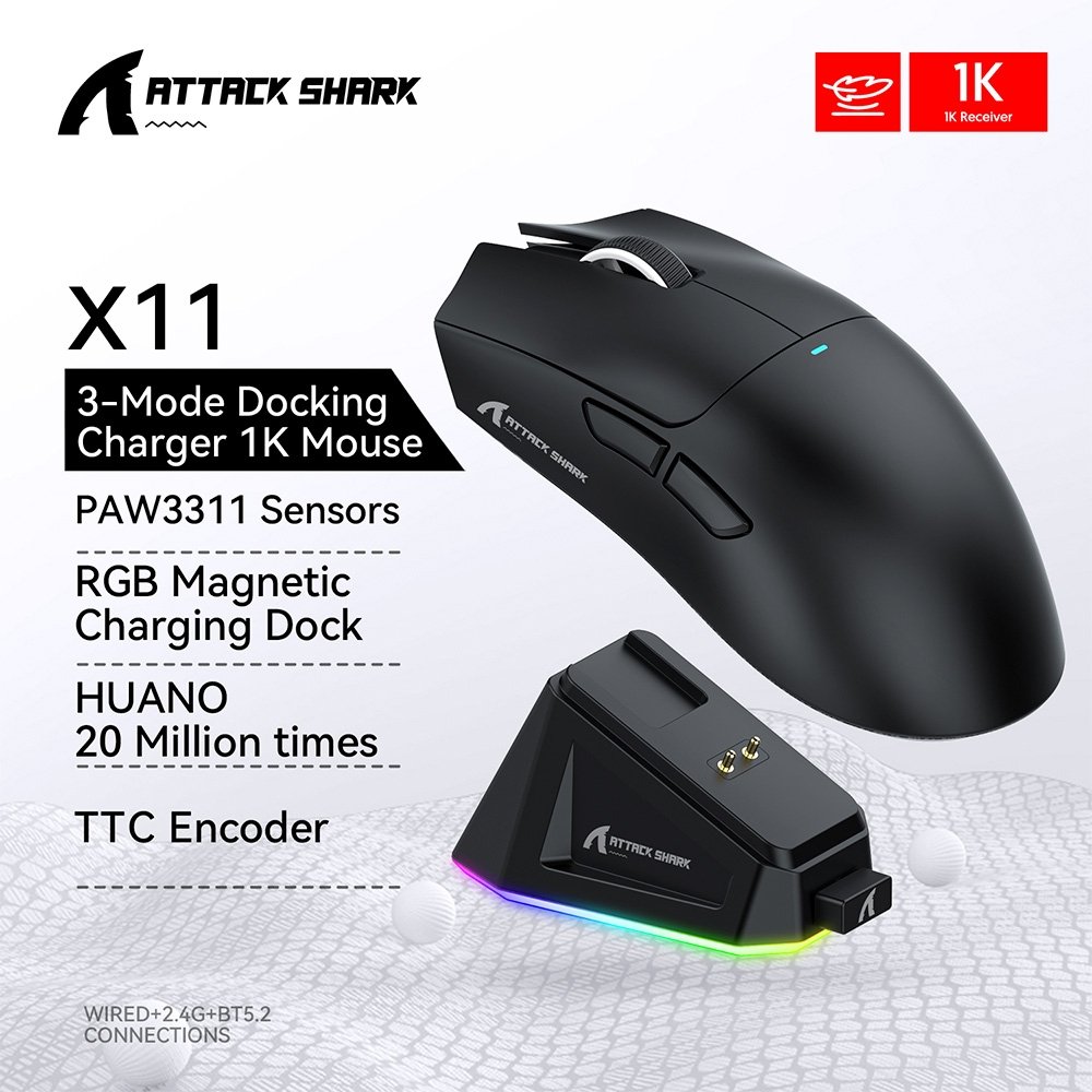 Mouse Gamer sem Fio Attack Shark X11 com Base de Carregamento Magnético RGB, Tri-Mode, 22.000 DPI, Sensor Óptico PAW3311, 5 Botões - Preto Mouse Gamer sem Fio Attack Shark X11 com Base de Carregamento Magnético RGB, Tri-Mode, 22.000 DPI, Sensor Óptico PAW3311, 5 Botões - Preto
