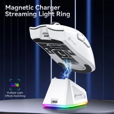 Mouse Gamer sem Fio Attack Shark X11 com Base de Carregamento Magnético RGB, Tri-Mode, 22.000 DPI, Sensor Óptico PAW3311, 5 Botões - Branco