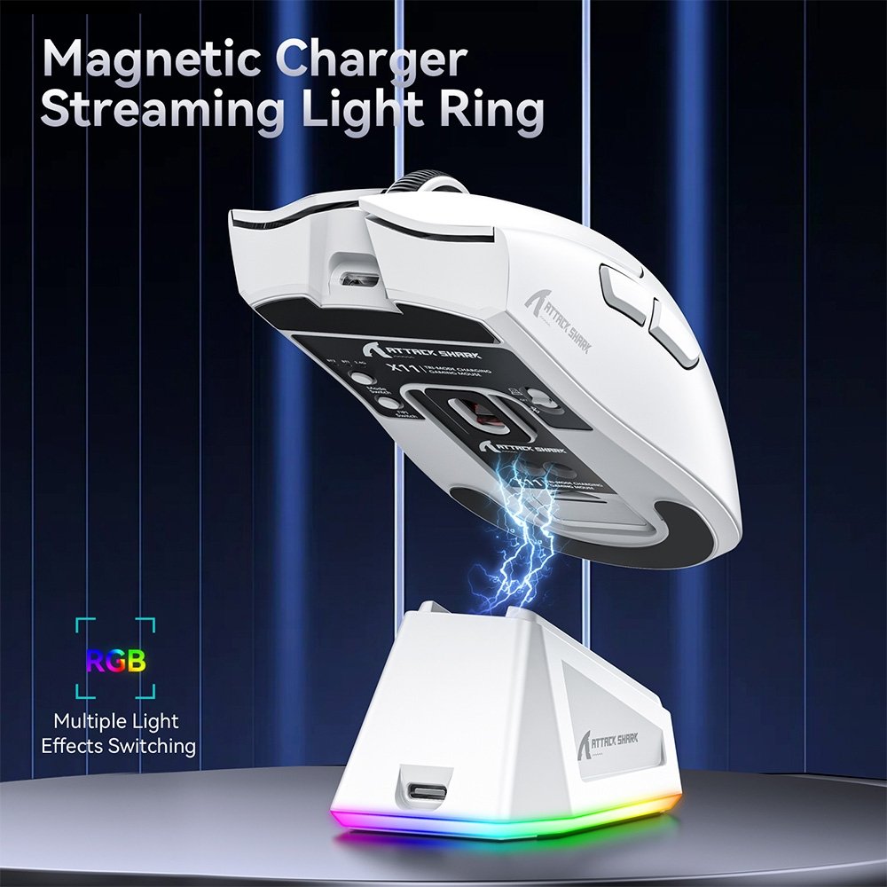 Imagem 9 de 9 do produto Mouse Gamer sem Fio Attack Shark X11 com Base de Carregamento Magnético RGB, Tri-Mode, 22.000 DPI, Sensor Óptico PAW3311, 5 Botões - Branco