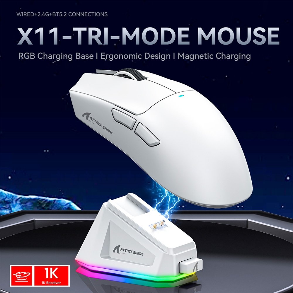 Imagem 7 de 9 do produto Mouse Gamer sem Fio Attack Shark X11 com Base de Carregamento Magnético RGB, Tri-Mode, 22.000 DPI, Sensor Óptico PAW3311, 5 Botões - Branco