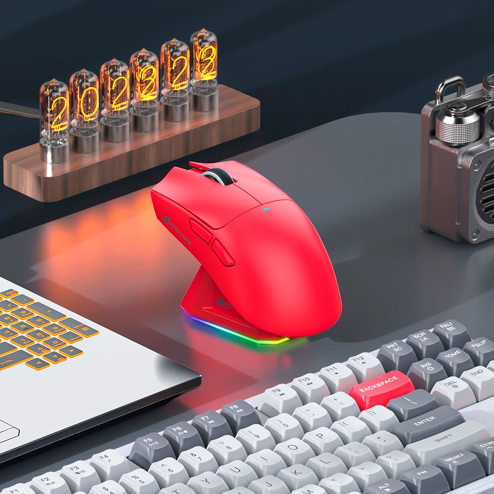 Mouse Gamer sem Fio Attack Shark X11 com Base de Carregamento Magnético RGB, Tri-Mode, 22.000 DPI, Sensor Óptico PAW3311, 5 Botões - Vermelho
