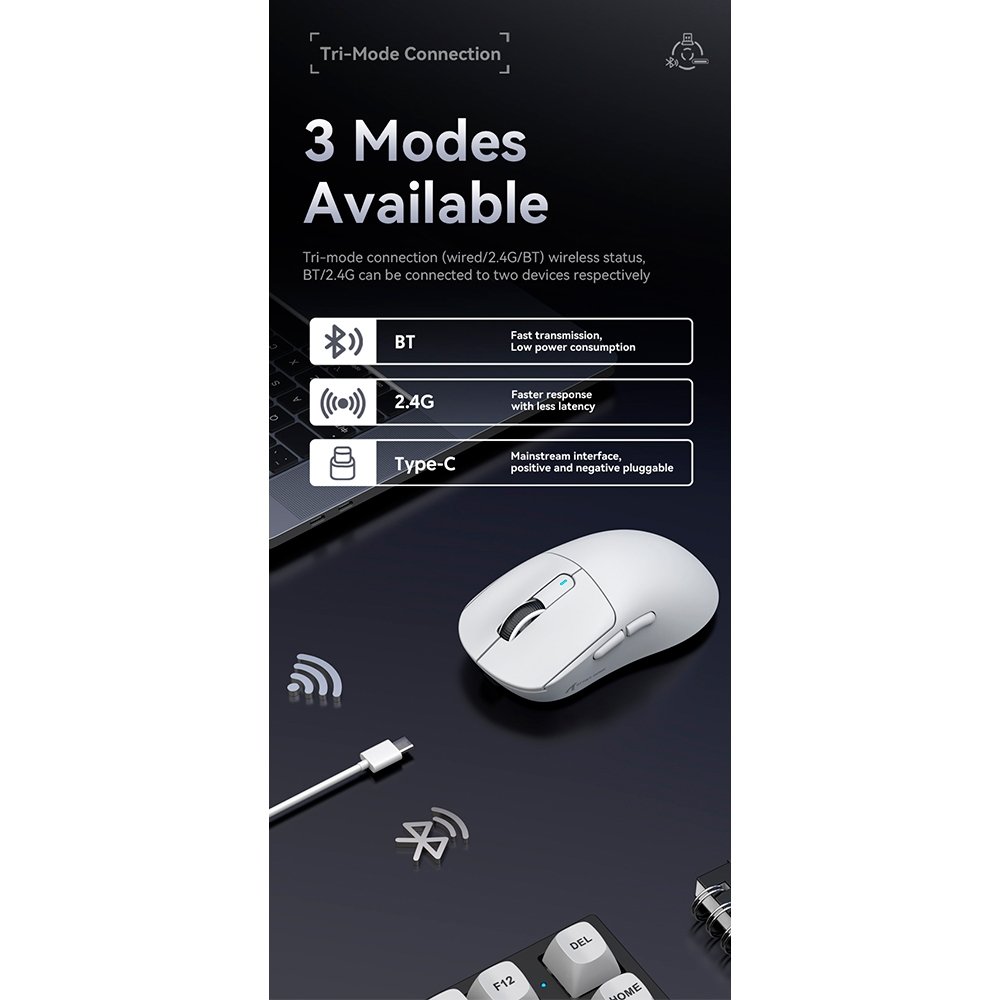 Mouse Gamer sem Fio Attack Shark X3Pro 4K/8K, Tri-Mode, 26.000 DPI, Sensor Óptico PAW3395, 7 Botões - Branco
