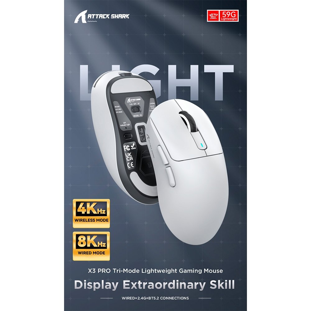 Mouse Gamer sem Fio Attack Shark X3Pro 4K/8K, Tri-Mode, 26.000 DPI, Sensor Óptico PAW3395, 7 Botões - Branco