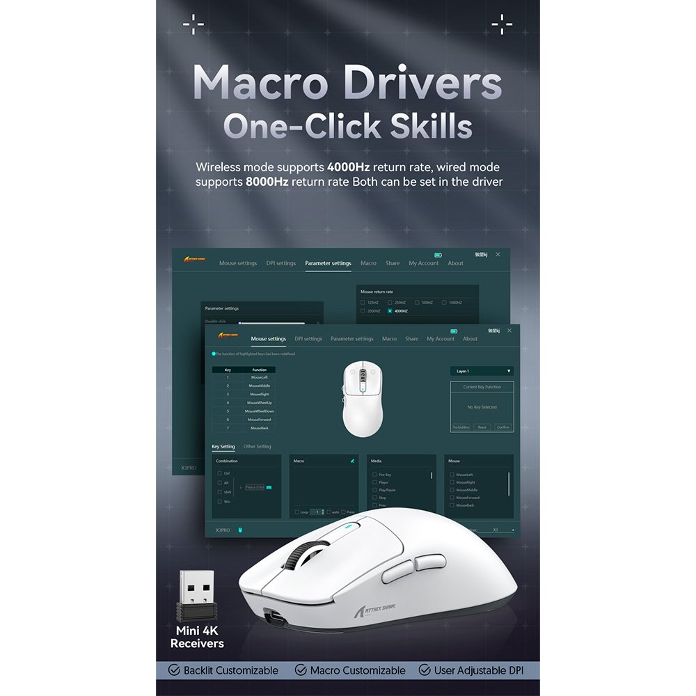 Mouse Gamer sem Fio Attack Shark X3Pro 4K/8K, Tri-Mode, 26.000 DPI, Sensor Óptico PAW3395, 7 Botões - Branco - view 11