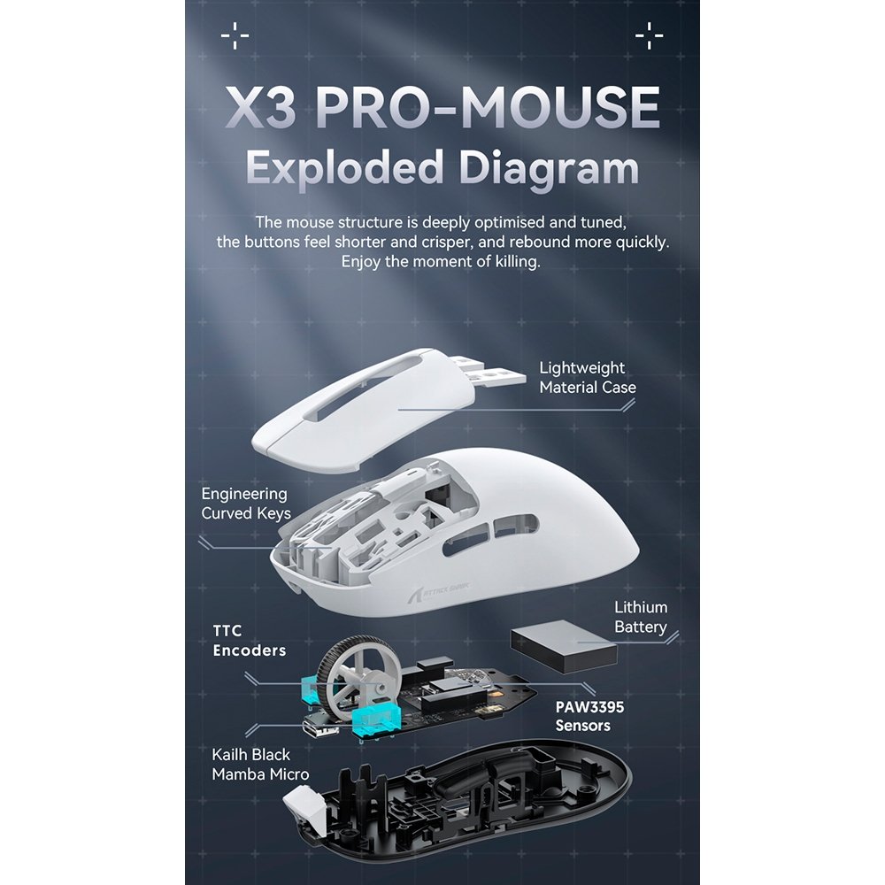 Mouse Gamer sem Fio Attack Shark X3Pro 4K/8K, Tri-Mode, 26.000 DPI, Sensor Óptico PAW3395, 7 Botões - Branco - view 12