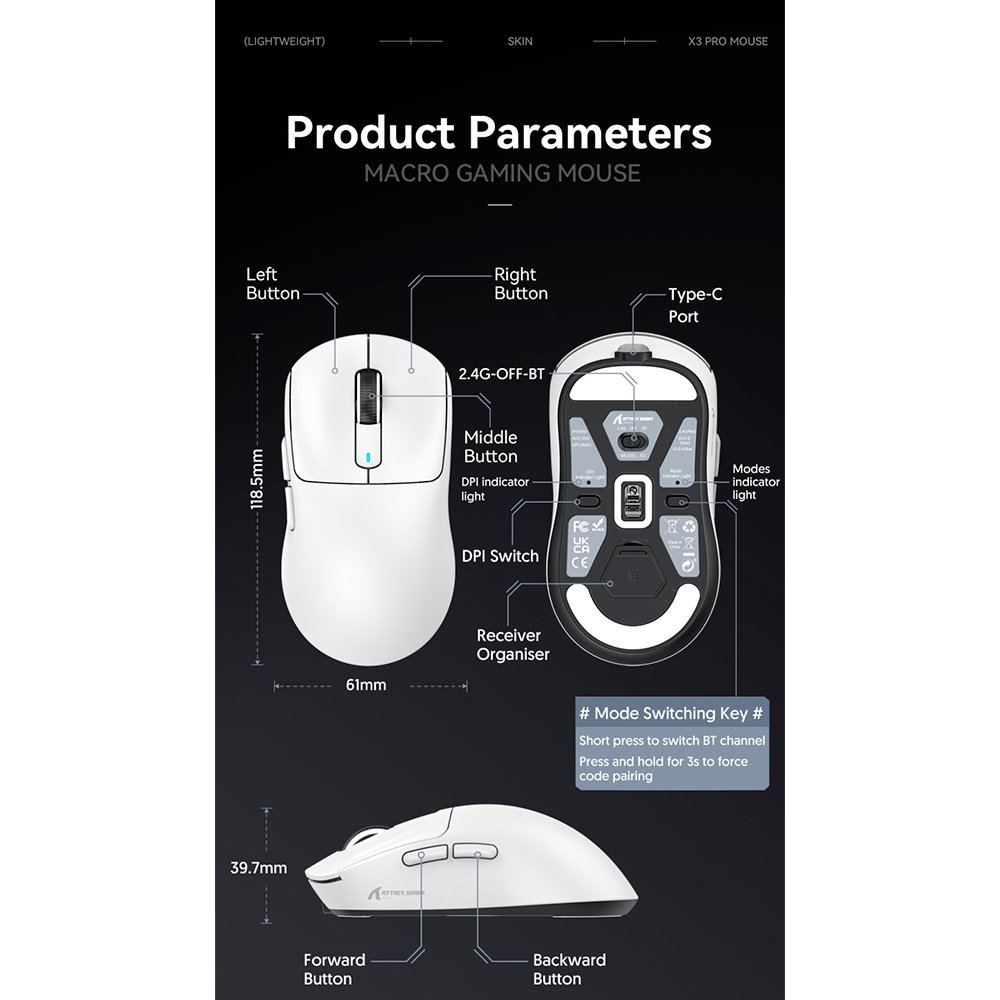 Imagem 13 de 14 do produto Mouse Gamer sem Fio Attack Shark X3Pro 4K/8K, Tri-Mode, 26.000 DPI, Sensor Óptico PAW3395, 7 Botões - Branco