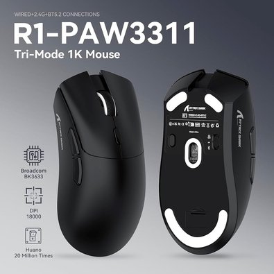 Mouse Gamer sem Fio Attack Shark R1 Ultraleve e design Ergonômico, Tri-Mode, 18.000 DPI, Sensor Óptico PAW3311, 6 Botões - Preto