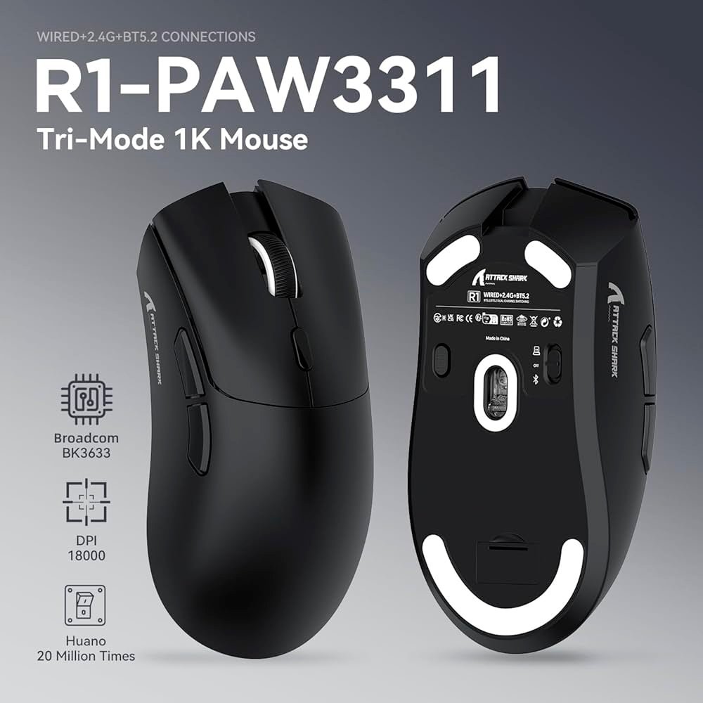Imagem 3 de 5 do produto Mouse Gamer sem Fio Attack Shark R1 Ultraleve e design Ergonômico, Tri-Mode, 18.000 DPI, Sensor Óptico PAW3311, 6 Botões - Preto