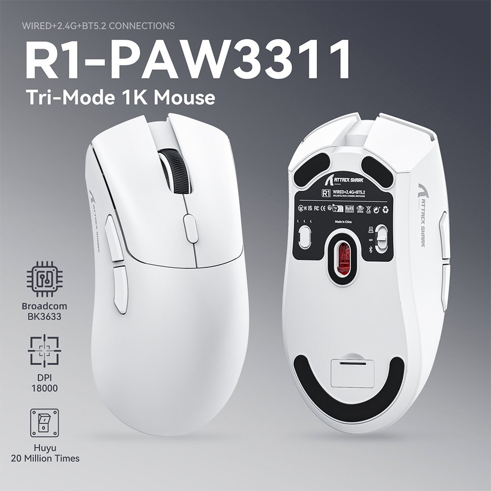 Imagem 4 de 6 do produto Mouse Gamer sem Fio Attack Shark R1 Ultraleve e design Ergonômico, Tri-Mode, 18.000 DPI, Sensor Óptico PAW3311, 6 Botões - Branco