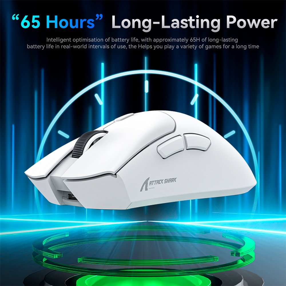 Imagem 5 de 6 do produto Mouse Gamer sem Fio Attack Shark R1 Ultraleve e design Ergonômico, Tri-Mode, 18.000 DPI, Sensor Óptico PAW3311, 6 Botões - Branco