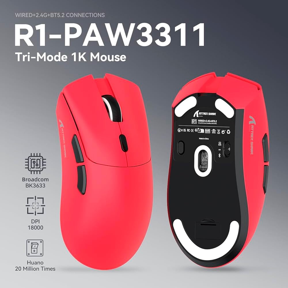 Mouse Gamer sem Fio Attack Shark R1 Ultraleve e design Ergonômico, Tri-Mode, 18.000 DPI, Sensor Óptico PAW3311, 6 Botões - Vermelho - view 3