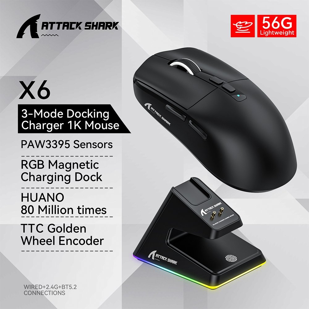 Mouse Gamer sem Fio Attack Shark X6 Ultraleve com Base de Carregamento Magnético RGB, Tri-Mode, 26.000 DPI, Sensor Óptico PAW3395, 7 Botões Programáveis - Preto - view 4