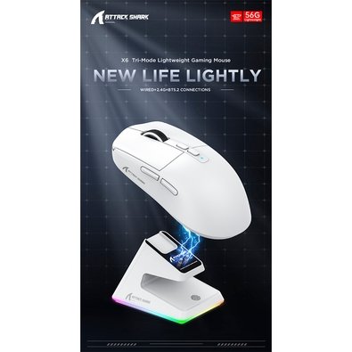 Mouse Gamer sem Fio Attack Shark X6 Ultraleve com Base de Carregamento Magnético RGB, Tri-Mode, 26.000 DPI, Sensor Óptico PAW3395, 7 Botões Programáveis - Branco