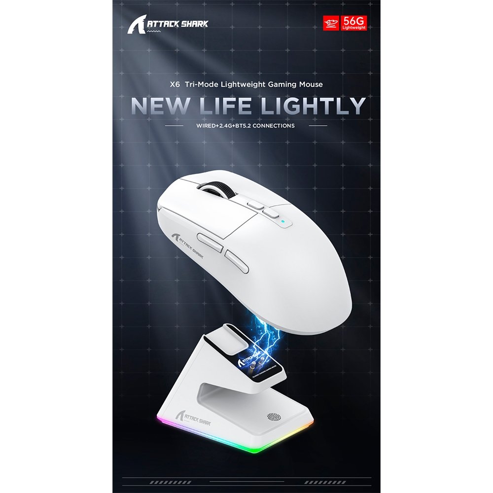 Mouse Gamer sem Fio Attack Shark X6 Ultraleve com Base de Carregamento Magnético RGB, Tri-Mode, 26.000 DPI, Sensor Óptico PAW3395, 7 Botões Programáveis - Branco - view 8