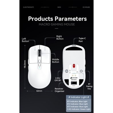 Mouse Gamer sem Fio Attack Shark X6 Ultraleve com Base de Carregamento Magnético RGB, Tri-Mode, 26.000 DPI, Sensor Óptico PAW3395, 7 Botões Programáveis - Branco